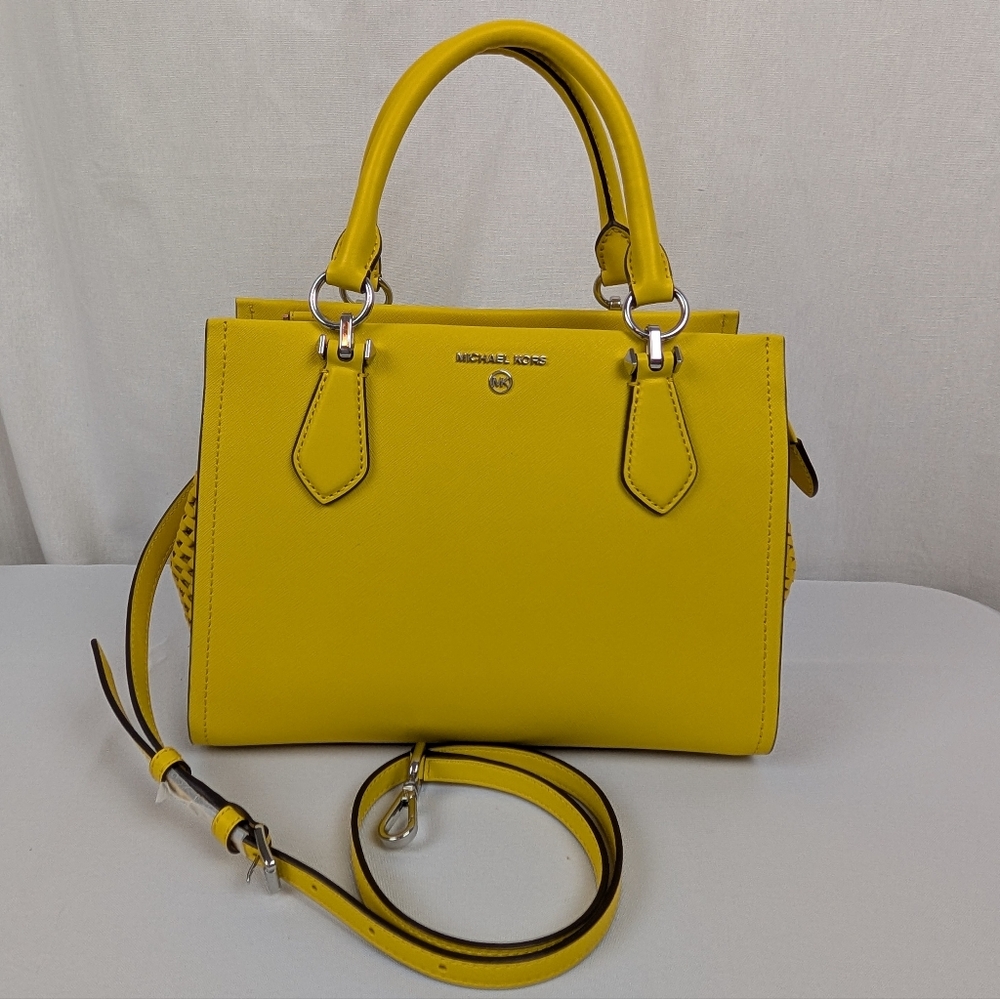Michael Kors Marilyn Medium Saffiano Leather Woven Sides Purse Satchel Tote NWT - Picture 5 of 17